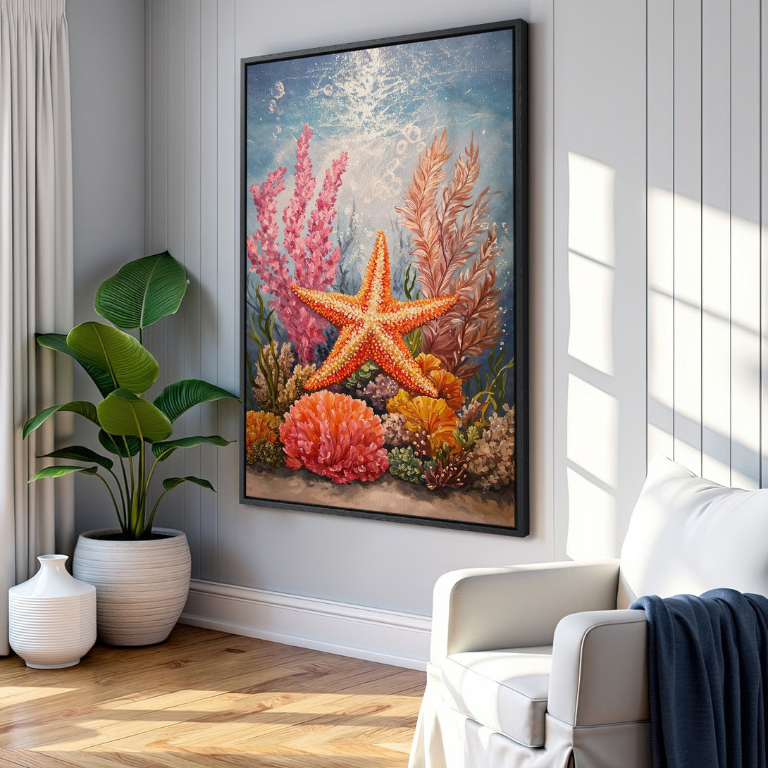 Framed Wall Art: Vibrant starfish canvas print in a coastal style. Features a warm, colorful palette of orange, pink, and blue, perfect for adding a pop of art to your home.