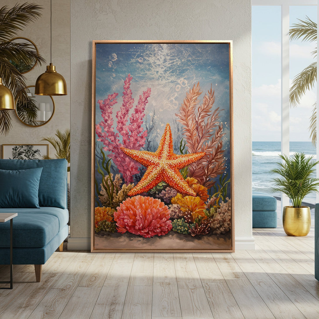 Framed Wall Art: Vibrant starfish painting in a coastal interior. Featuring a warm, colorful palette of coral, blue, and pink. Bring the ocean home!