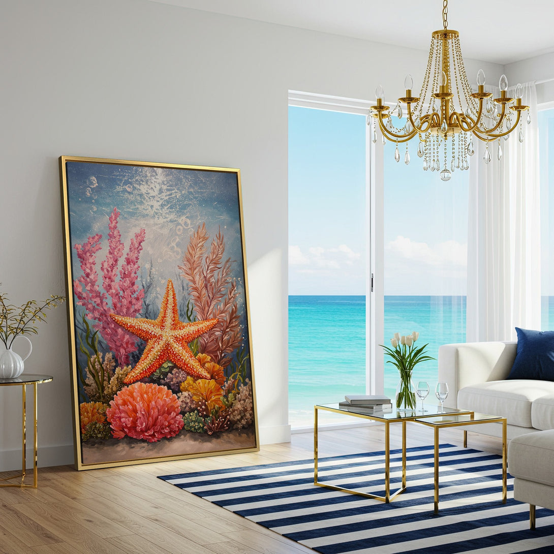 Canvas Print of a vibrant underwater scene with a starfish. Coastal-inspired art in coral, blue, and orange hues. Perfect for beach decor.