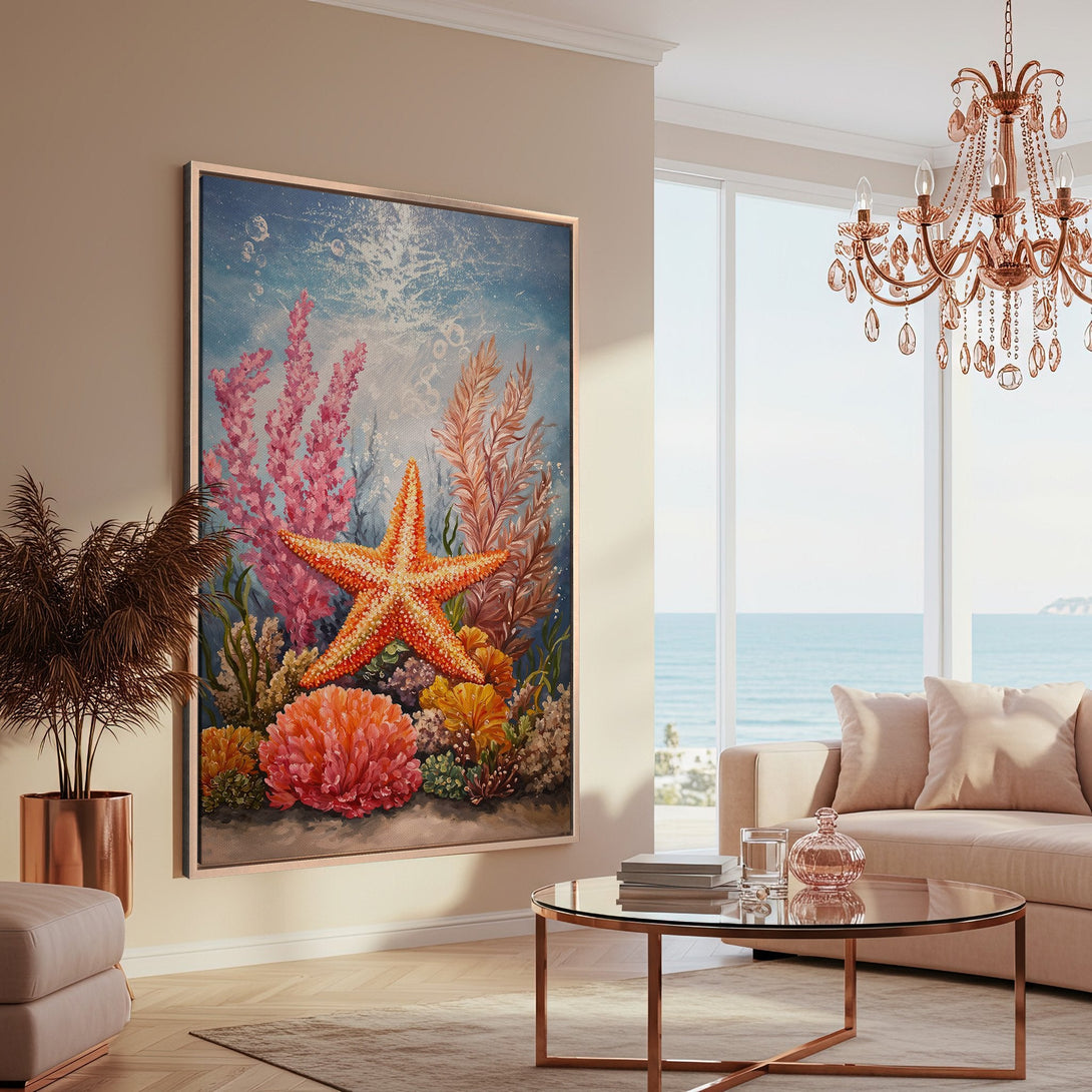 Framed Wall Art featuring a vibrant starfish and coral reef scene in a coastal living room. Colorful, artistic canvas print with a warm, inviting palette.