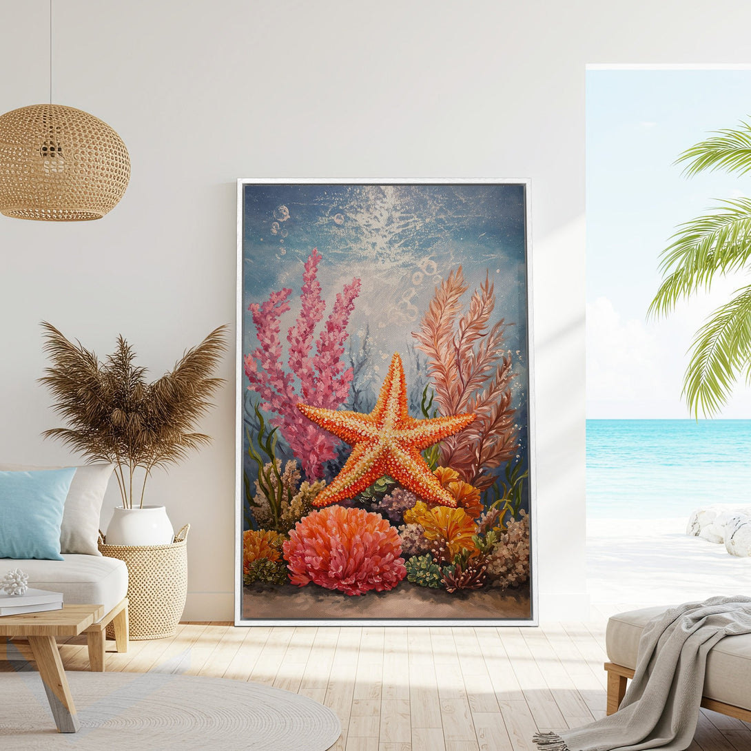 Framed Wall Art: Coastal starfish painting with coral reef, vibrant orange, pink, and blue hues. Perfect for beach house decor.