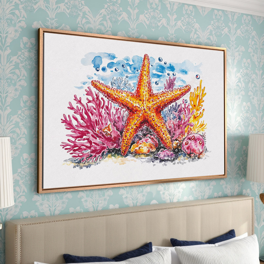 Framed Wall Art: Watercolor starfish and coral canvas print. Coastal decor with vibrant orange, pink, and blue hues. Perfect for beach-themed bedrooms.