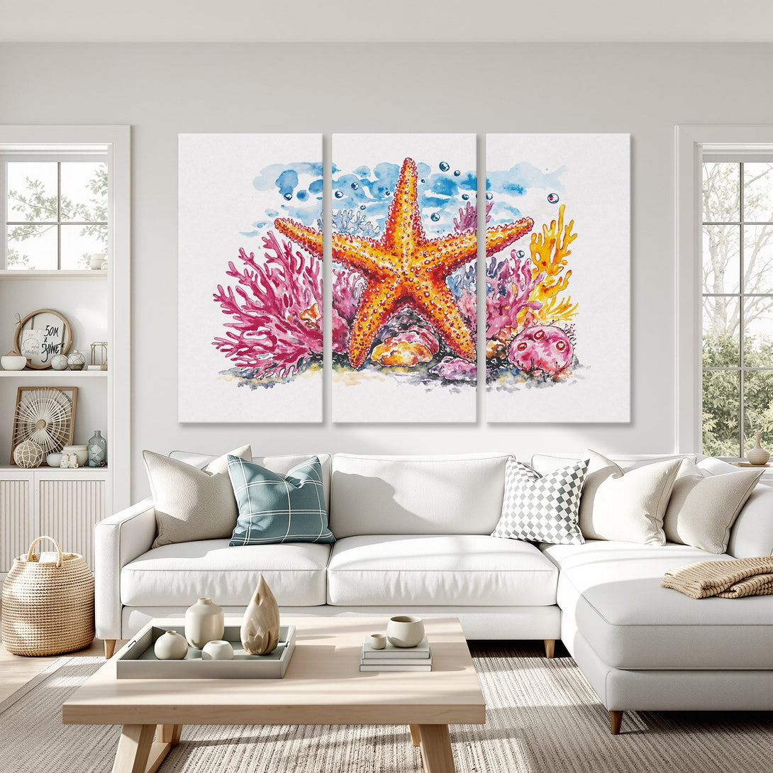 Canvas Print of a watercolor starfish and coral reef in a coastal style, featuring a vibrant orange, pink, and blue color palette.