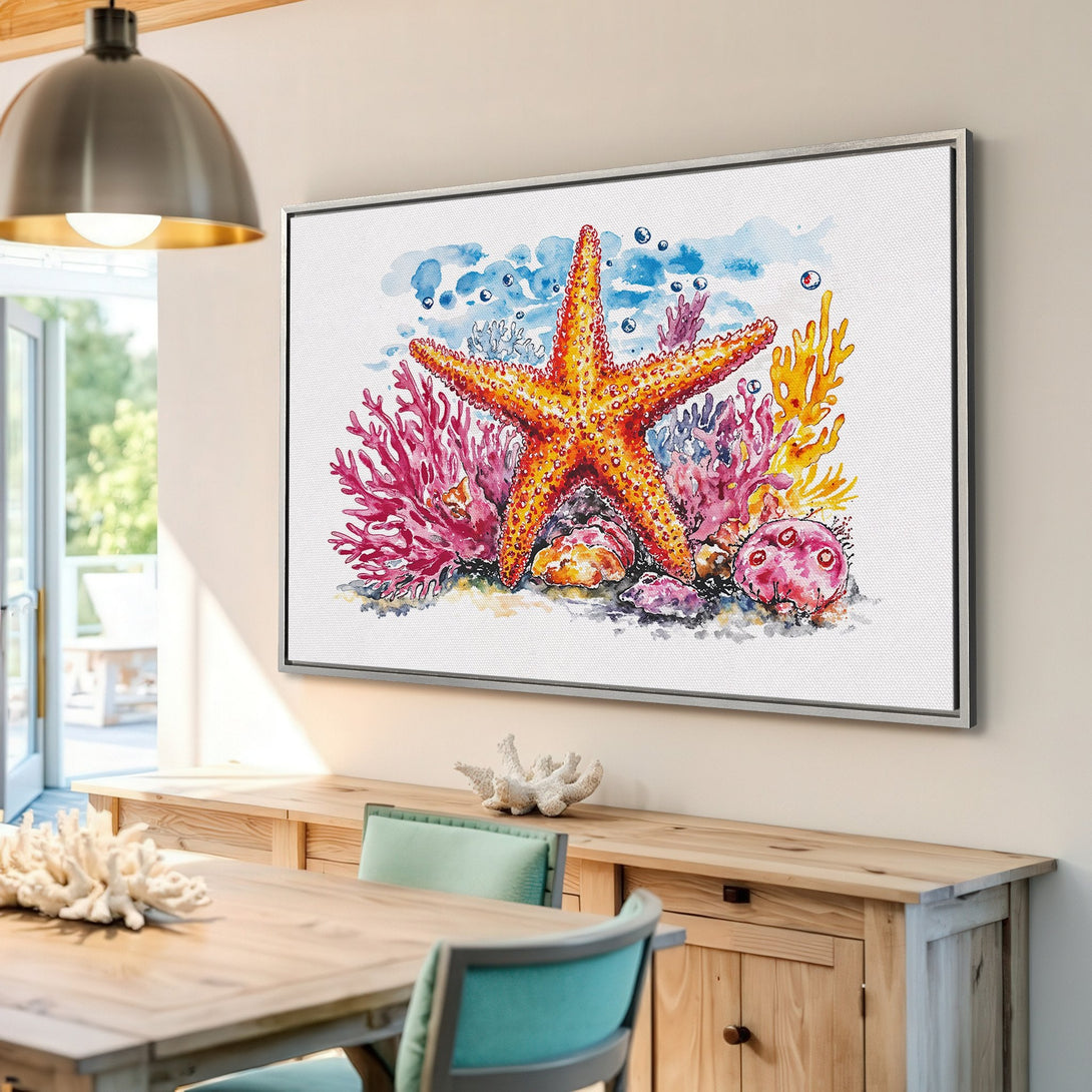 Framed Wall Art: Watercolor starfish and coral reef scene in vibrant orange, pink, and blue. Coastal art for a beachy interior.