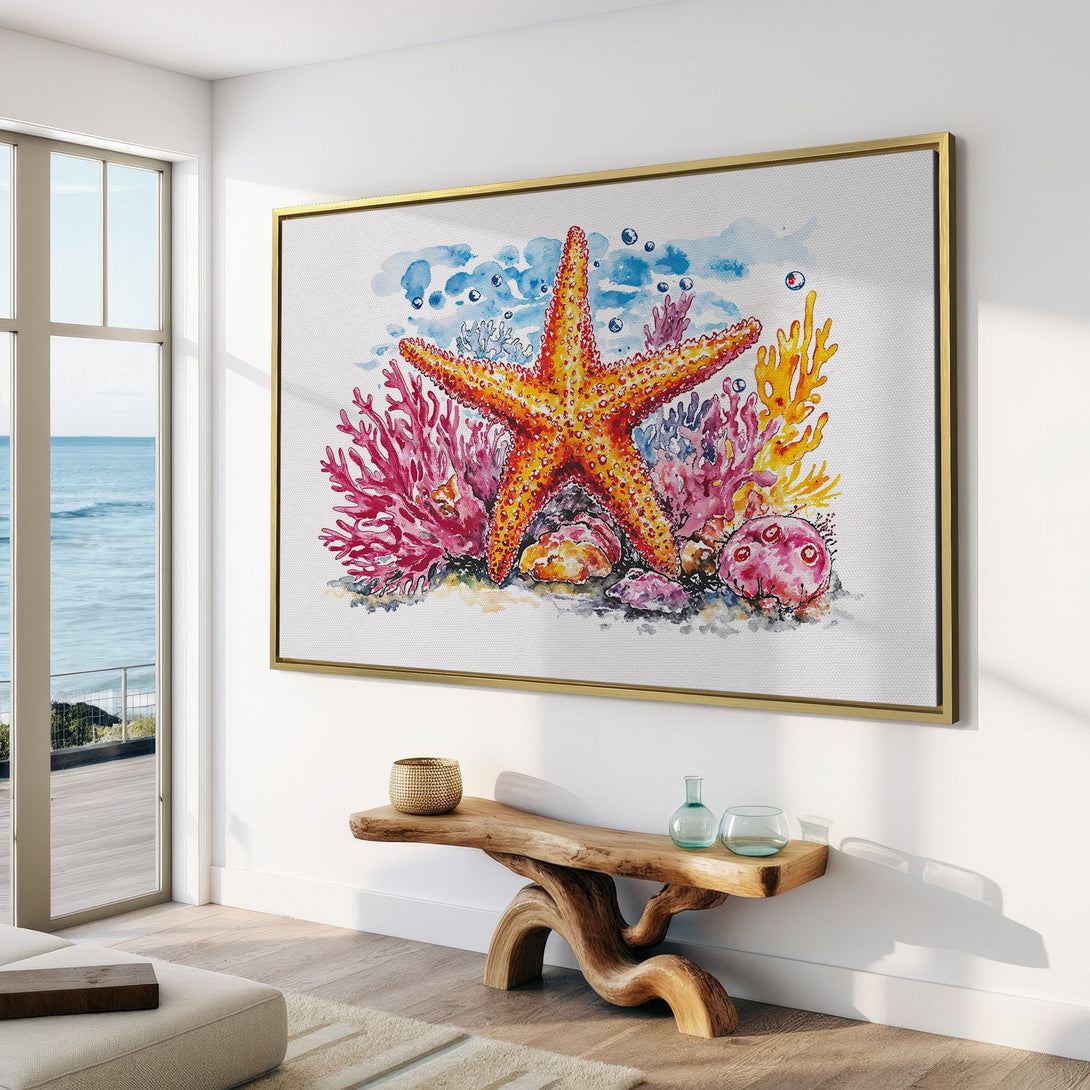 Canvas Print of a watercolor starfish and coral reef. Coastal wall art in vibrant orange, pink, and blue hues. Perfect for beach house decor.