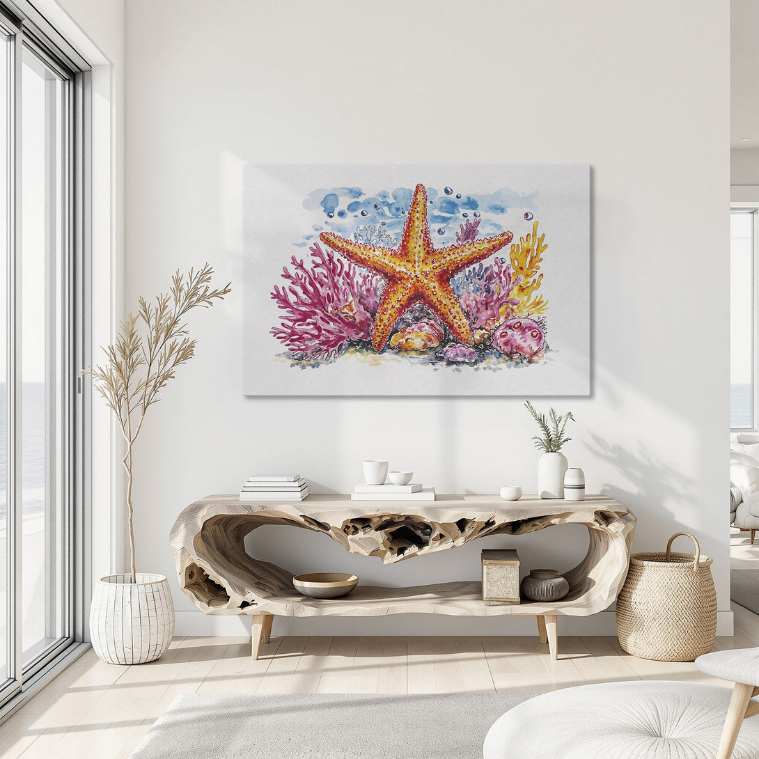 Framed Wall Art: Watercolor starfish and coral canvas print. Coastal decor in vibrant orange, pink, and blue hues. Perfect for beach house vibes!