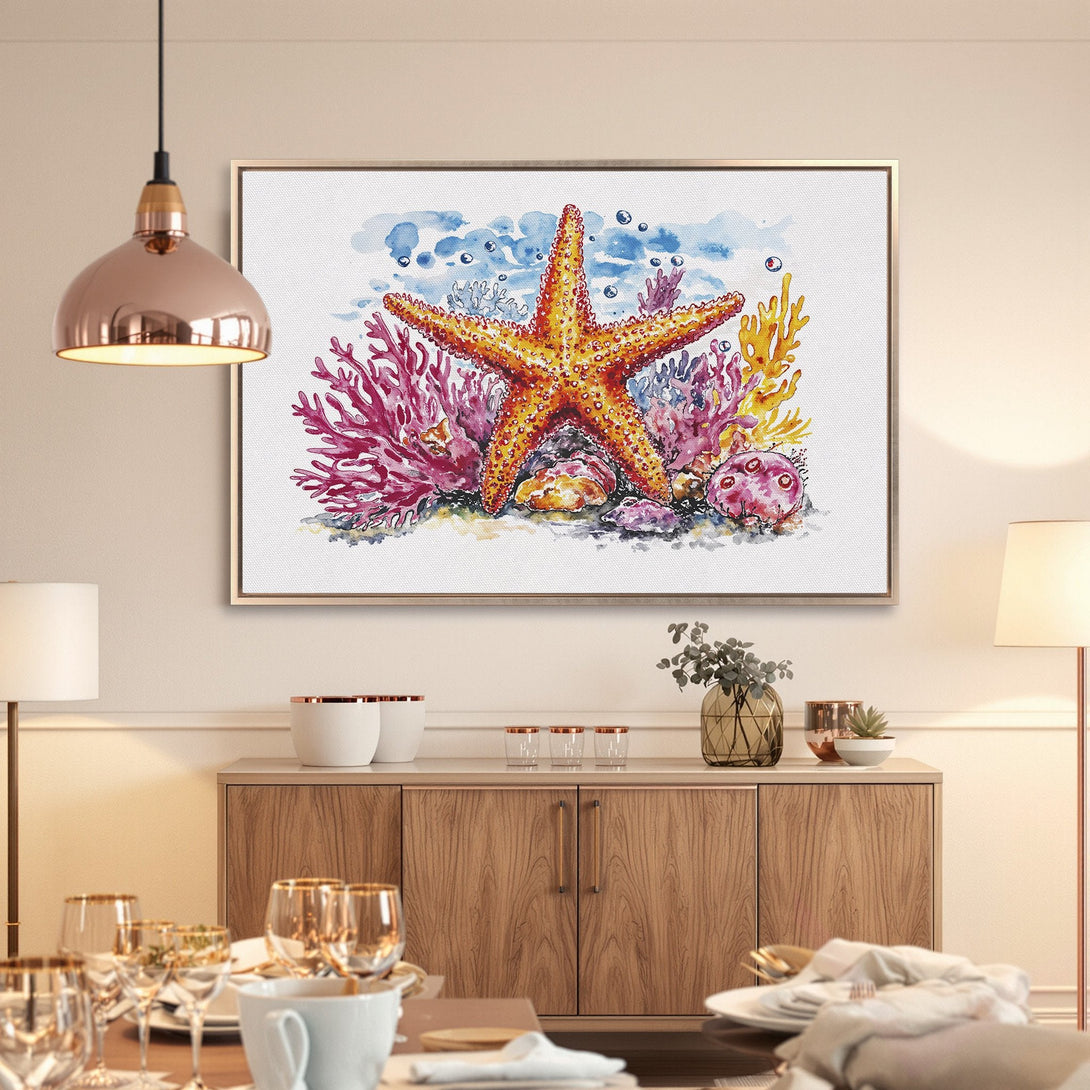 Framed Wall Art: Watercolor starfish print with coral reef. Coastal decor in warm orange, pink, and blue tones. Perfect for beach house or nautical theme.
