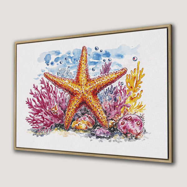 Canvas Print featuring a watercolor starfish and coral reef. Vibrant orange, pink, and blue hues create a coastal, artistic style. Perfect wall art!