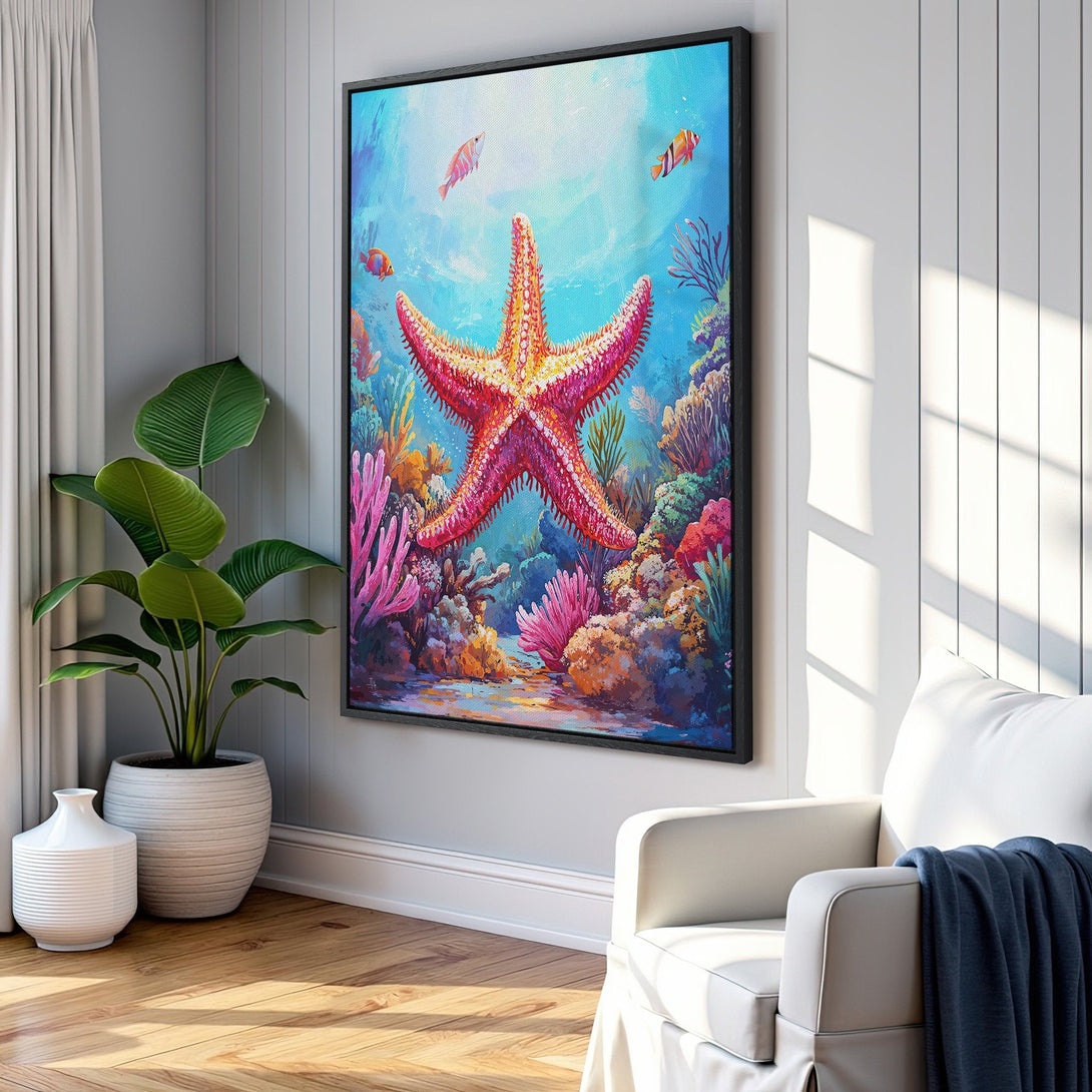 Framed Wall Art: Vibrant underwater scene with a starfish in a coral reef. Colorful artwork with blues, pinks, and oranges. Perfect for coastal decor.