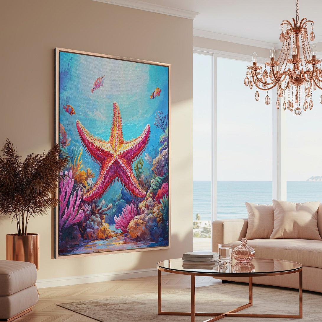 Framed Wall Art: Vibrant starfish painting with coral reef scene in a coastal home. Features a blue, pink, and coral color palette for a serene, underwater feel.