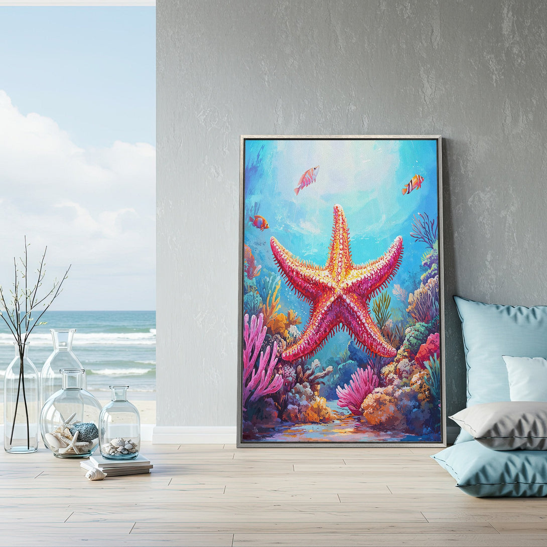 Framed Wall Art: Vibrant starfish painting with a colorful coral reef scene. Coastal style art in blue, pink, and orange hues. Perfect for beach decor.