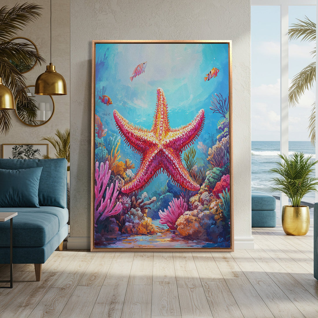 Framed Wall Art: Vibrant starfish painting in a coastal style. Featuring a coral reef scene with a blue, pink, and orange color palette. Perfect for beach house decor.