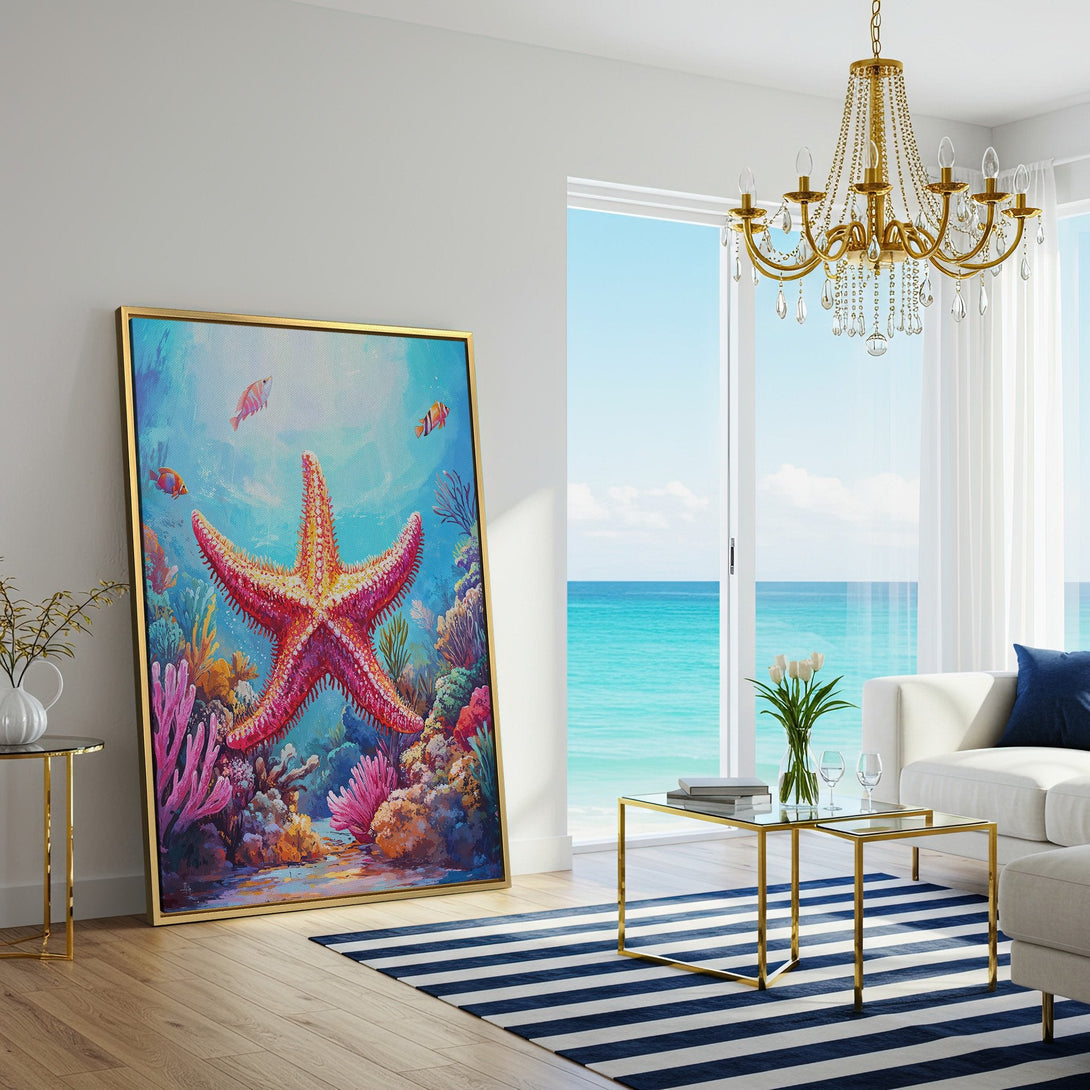 Canvas Print of a vibrant starfish underwater scene with a colorful coral reef. Coastal art in blue, pink, and orange hues. Perfect for beach decor.