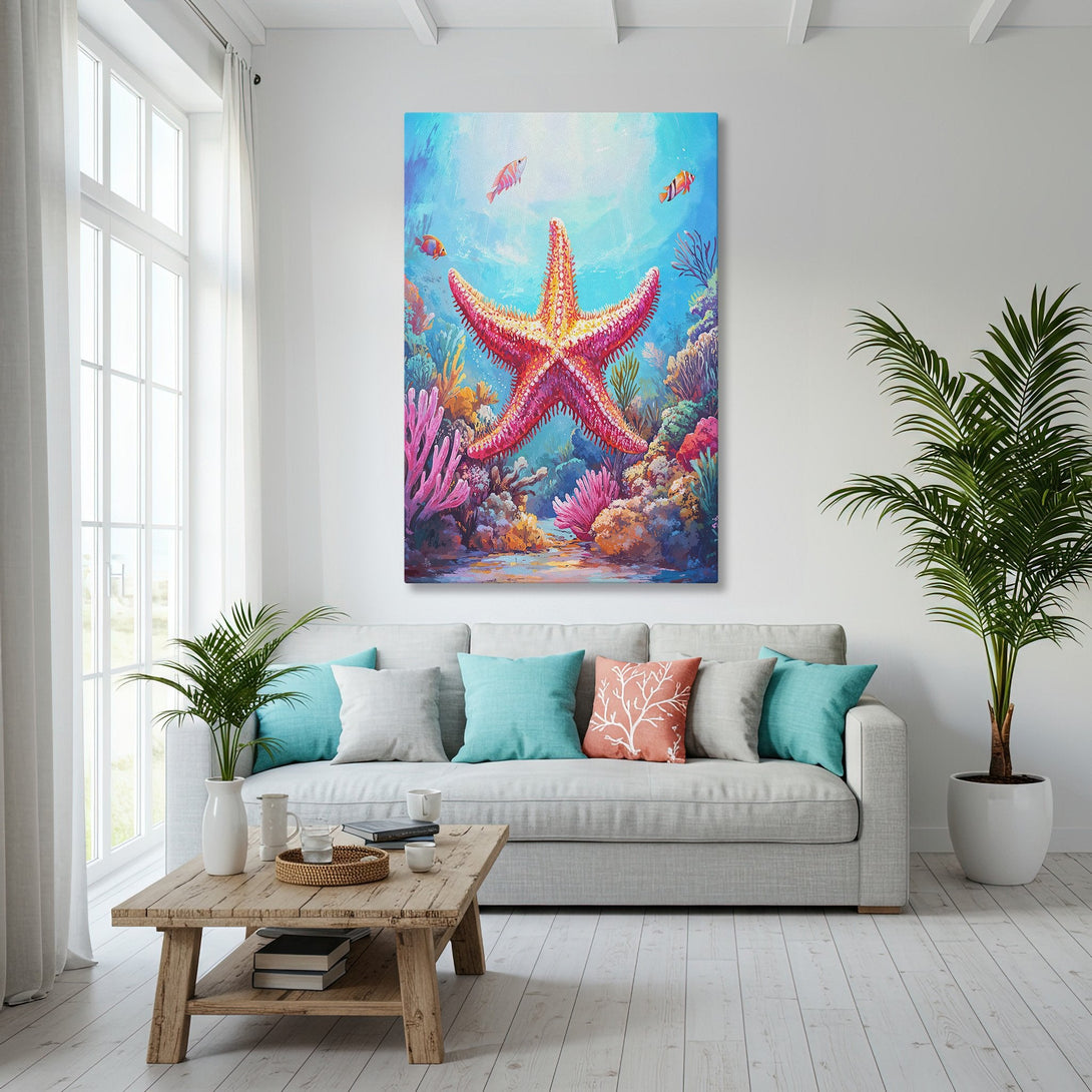 Framed Wall Art: Vibrant starfish painting in a coastal living room. Features a colorful underwater scene with blue, pink, and gold hues. Perfect beach decor!
