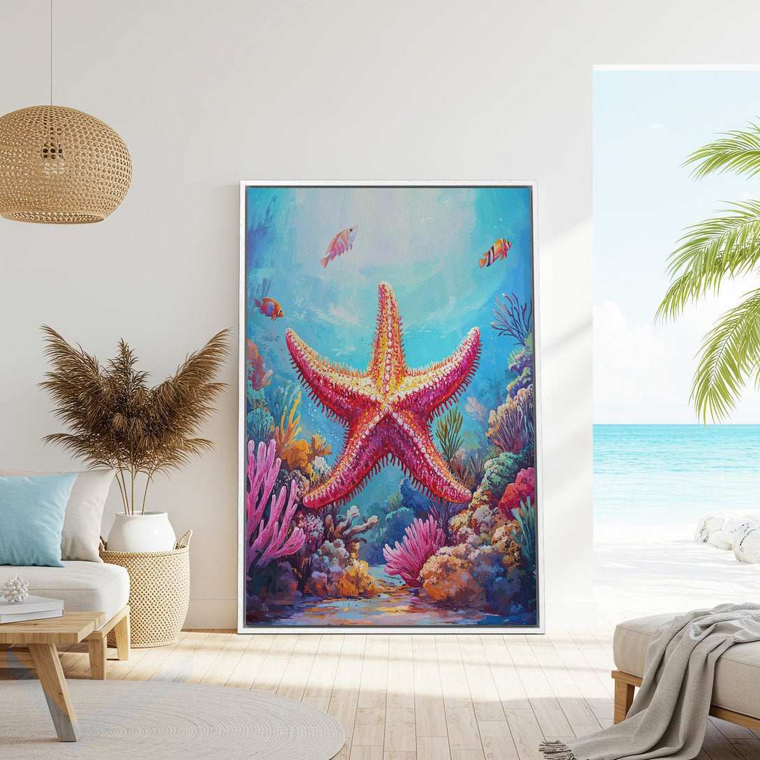 Framed Wall Art featuring a vibrant starfish and coral reef scene. Coastal-inspired artwork with a blue, pink, and orange color palette. Perfect for beach decor.