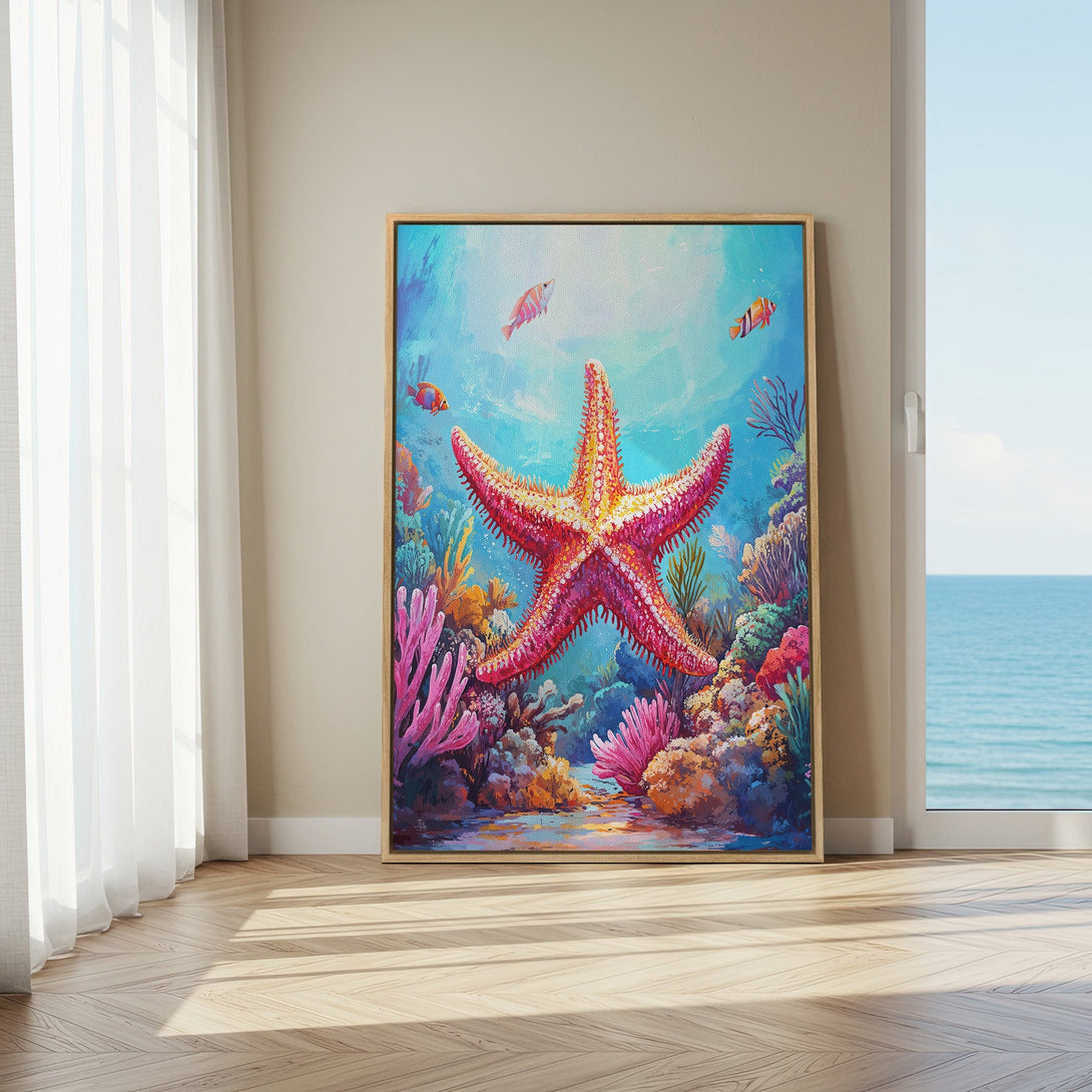 Framed Wall Art: Vibrant starfish painting with coral reef scene in a colorful, impressionistic style. Perfect ocean-themed decor for your home!