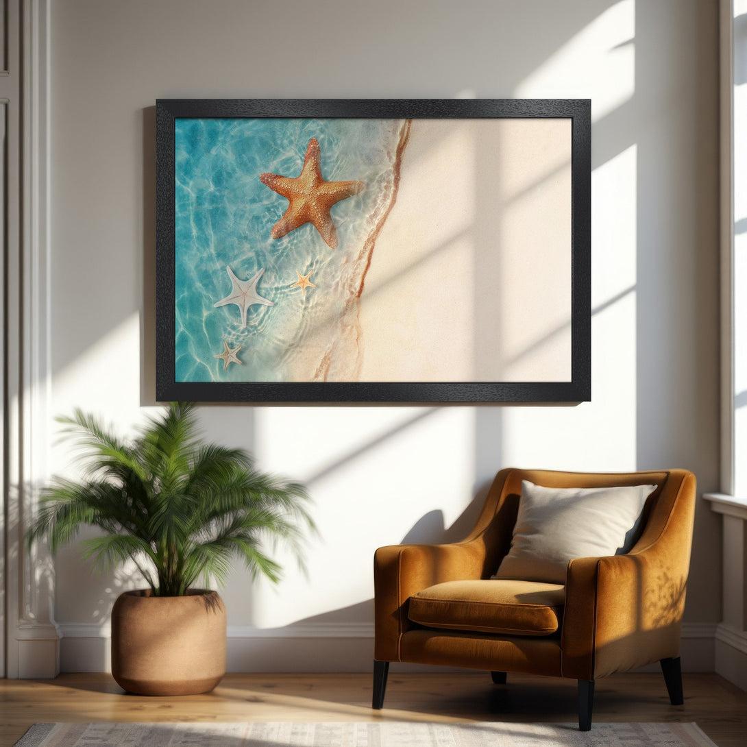 Framed Poster featuring starfish on a beach. Coastal style, serene blue & beige color palette. Perfect beach house decor.