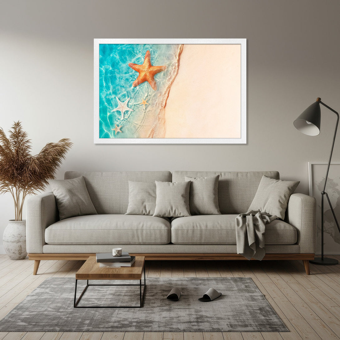 Framed Poster featuring starfish on a beach, coastal style with turquoise and sandy tones. Perfect wall art for a relaxing vibe.