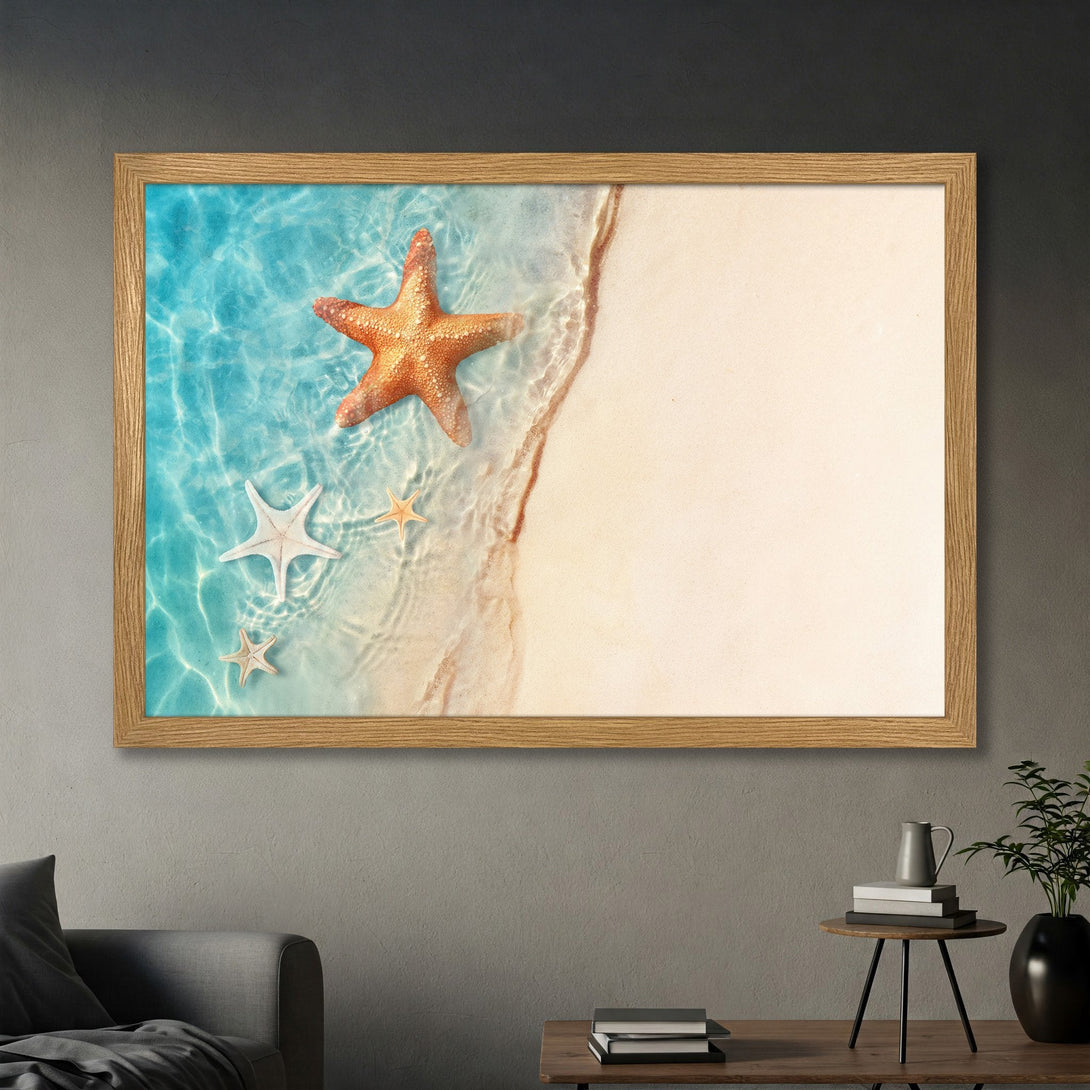 Framed Poster featuring a serene beach scene with starfish. Coastal style, blue, beige, and orange color palette. Bring the beach to your home!
