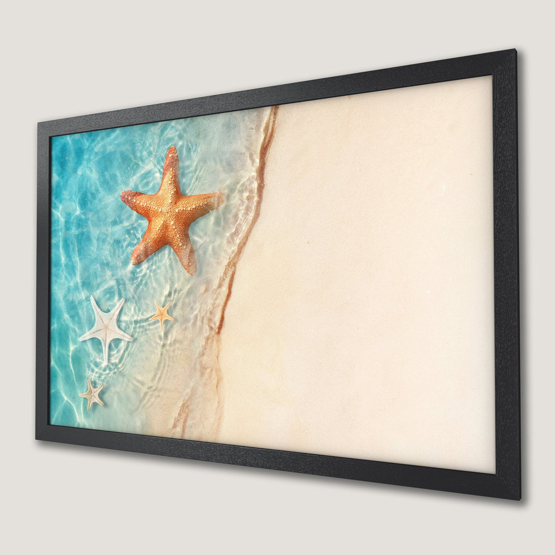 Framed Poster featuring a serene beach scene with starfish, in a calming blue and beige color palette. Perfect coastal wall art!
