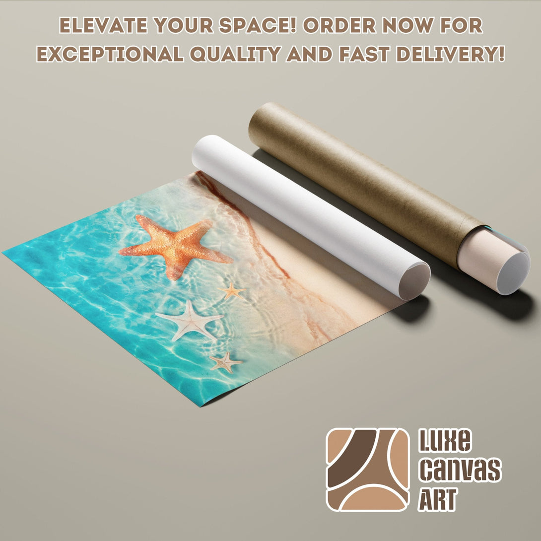 Poster Roll featuring starfish art, vibrant blue & sandy tones. Elevate your space with this beautiful poster!