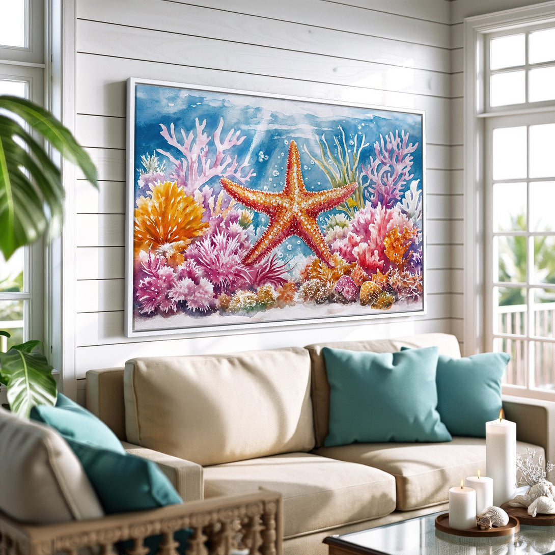Framed Wall Art: Watercolor starfish and coral reef in vibrant blues, oranges, and pinks. Coastal decor for a tranquil home.