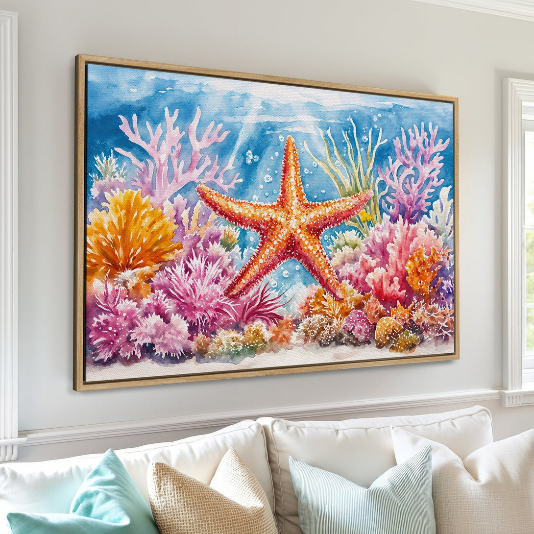 Framed Wall Art featuring a watercolor starfish and coral reef scene in vibrant blues, oranges, and pinks. Coastal decor for a serene living space.