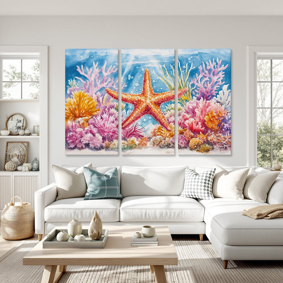 Canvas Print: Watercolor starfish & coral reef art in vibrant blues, oranges, and pinks. Coastal wall decor for a serene living room.