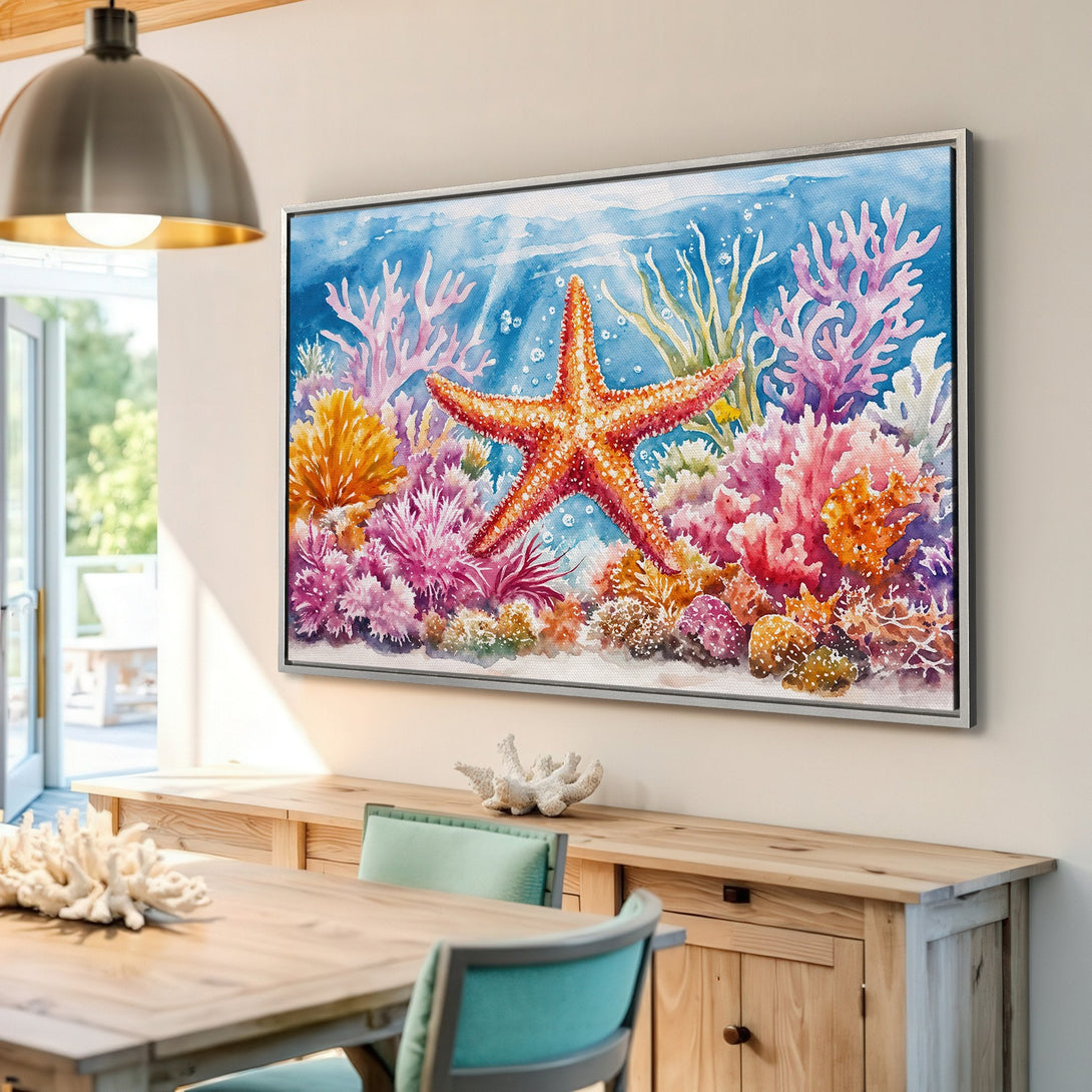 Framed Wall Art: Watercolor starfish and coral reef art in vibrant blues, oranges, and pinks. Coastal decor for a calming, beachy vibe.