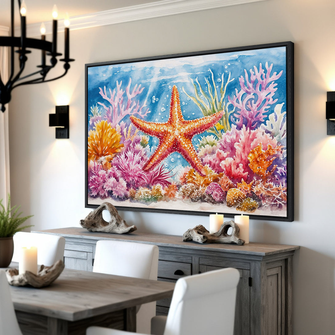 Framed Wall Art: Watercolor starfish and coral reef in vibrant blues, oranges, and pinks. Coastal decor for a serene and stylish interior.