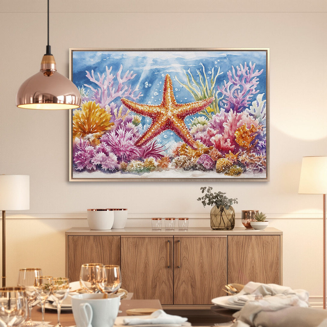 Framed Wall Art: Watercolor starfish and coral reef art in vibrant blues, oranges, and pinks. Coastal decor for a serene dining room.