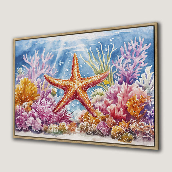 Canvas Print of a vibrant watercolor starfish and coral reef scene in blue, orange, and pink hues. Perfect coastal wall art!