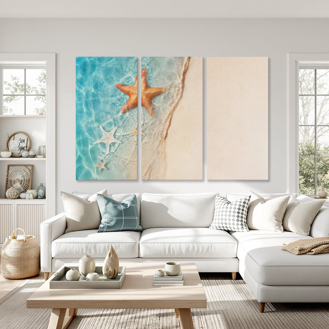 Canvas Print of starfish on beach, coastal style art in blue and beige tones, perfect for a calming living room.