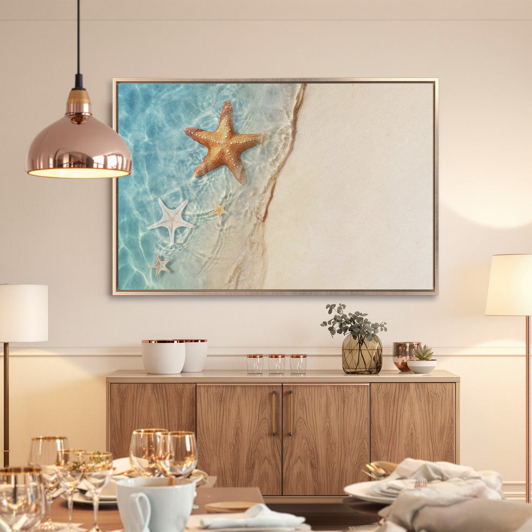 Framed Wall Art: Coastal starfish scene in blue and beige. Perfect for a beachy vibe! Shop our Canvas Prints for your home decor.