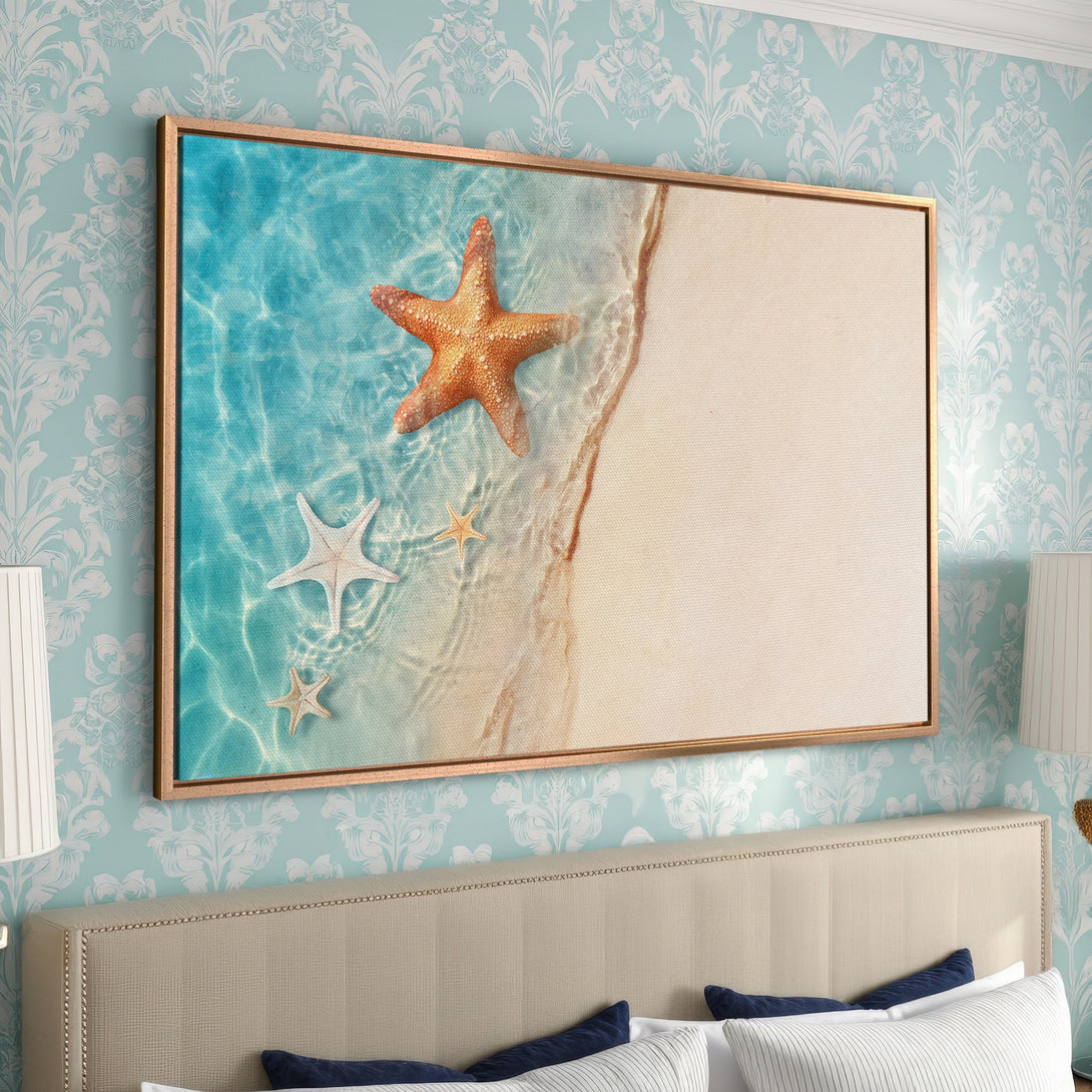 Framed Wall Art: Beach scene with starfish, turquoise water, and sand. Coastal style art with a warm, inviting color palette. Perfect for bedroom decor.