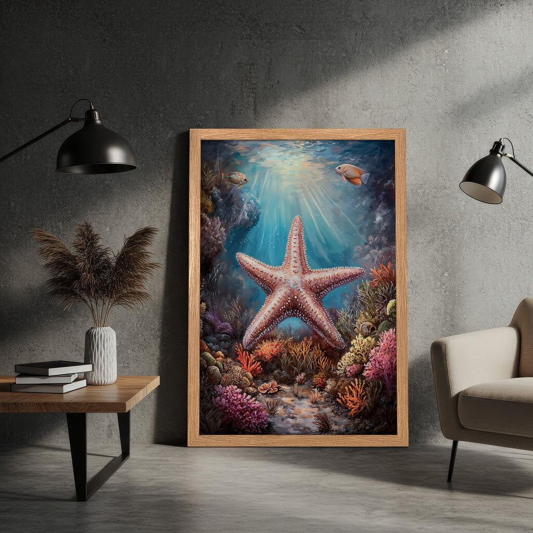 Framed Poster featuring a vibrant starfish underwater scene. Artistic style with a blue, coral, and cream color palette. Bring the ocean to your home!