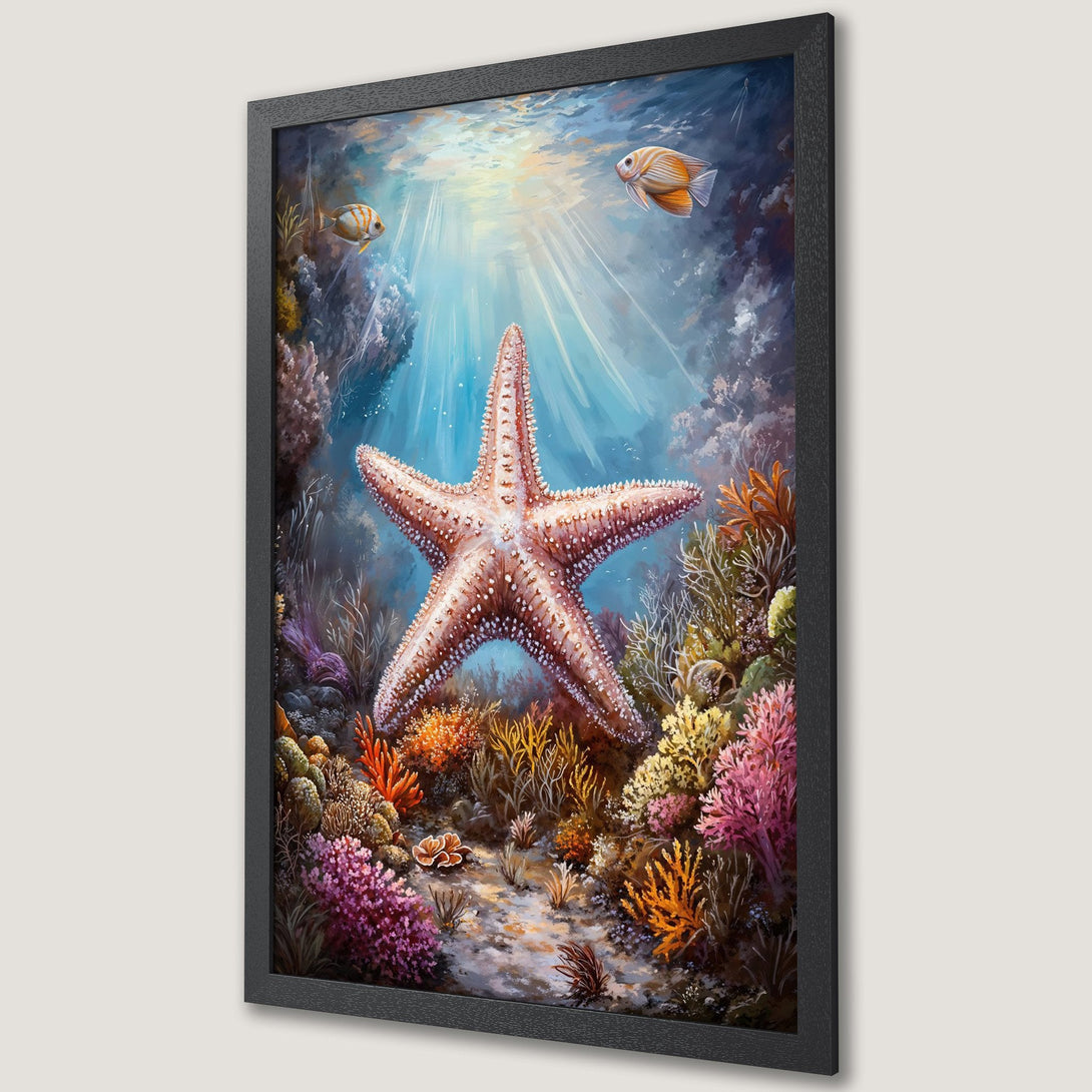 Framed Poster of a vibrant underwater scene with a starfish, coral, and fish. Artistic style with a blue, orange, and pink color palette.