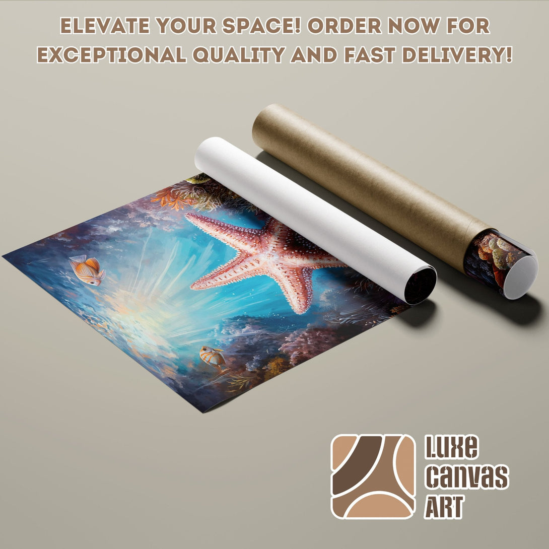 Poster Roll featuring an underwater scene with starfish and fish, in a vibrant blue and orange palette.