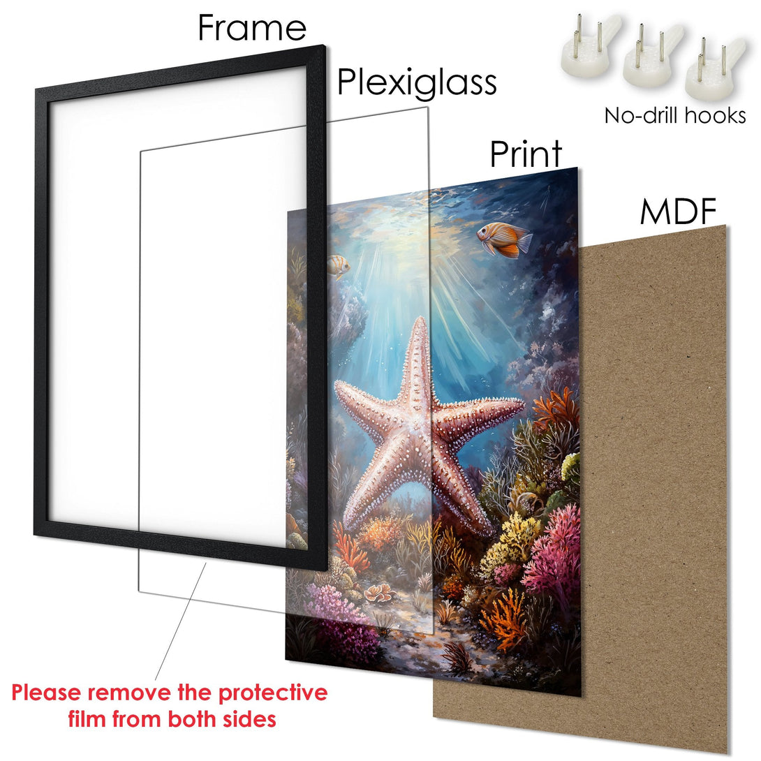 Framed Poster featuring a vibrant underwater scene with a starfish. Artistic style, blue, orange, and coral color palette. Ready to hang!