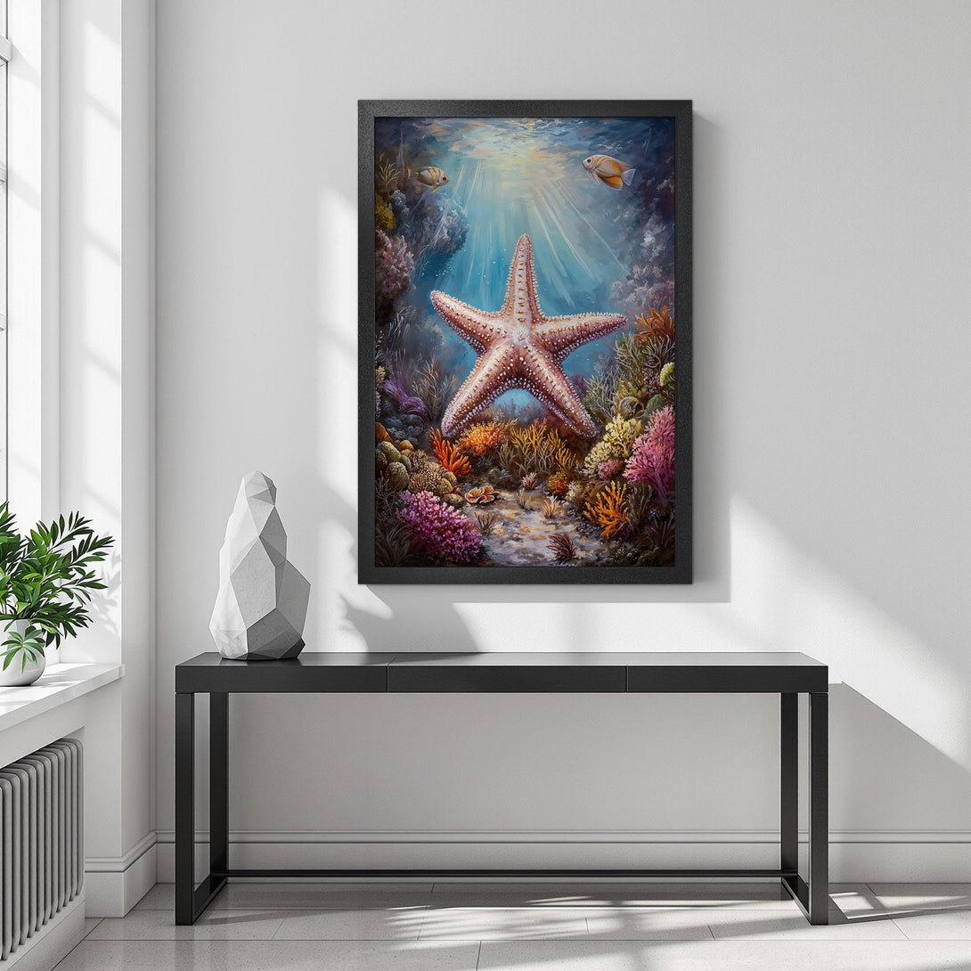 Framed Poster featuring a starfish in an underwater scene. Vibrant colors and artistic style. Perfect ocean-themed wall art.