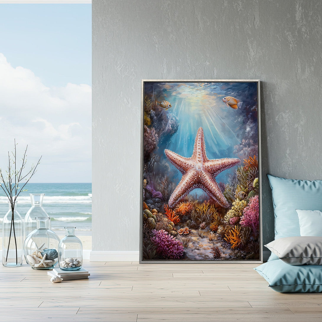 Framed Wall Art: Stunning starfish painting with vibrant coral reef colors. Coastal decor, perfect for adding a touch of ocean beauty to your home.