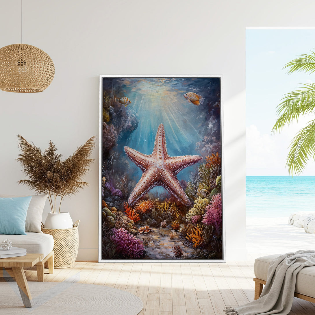 Framed Wall Art: Stunning starfish art print in a coastal style, featuring a vibrant coral reef and a calming blue and orange palette. Perfect for beach house decor!