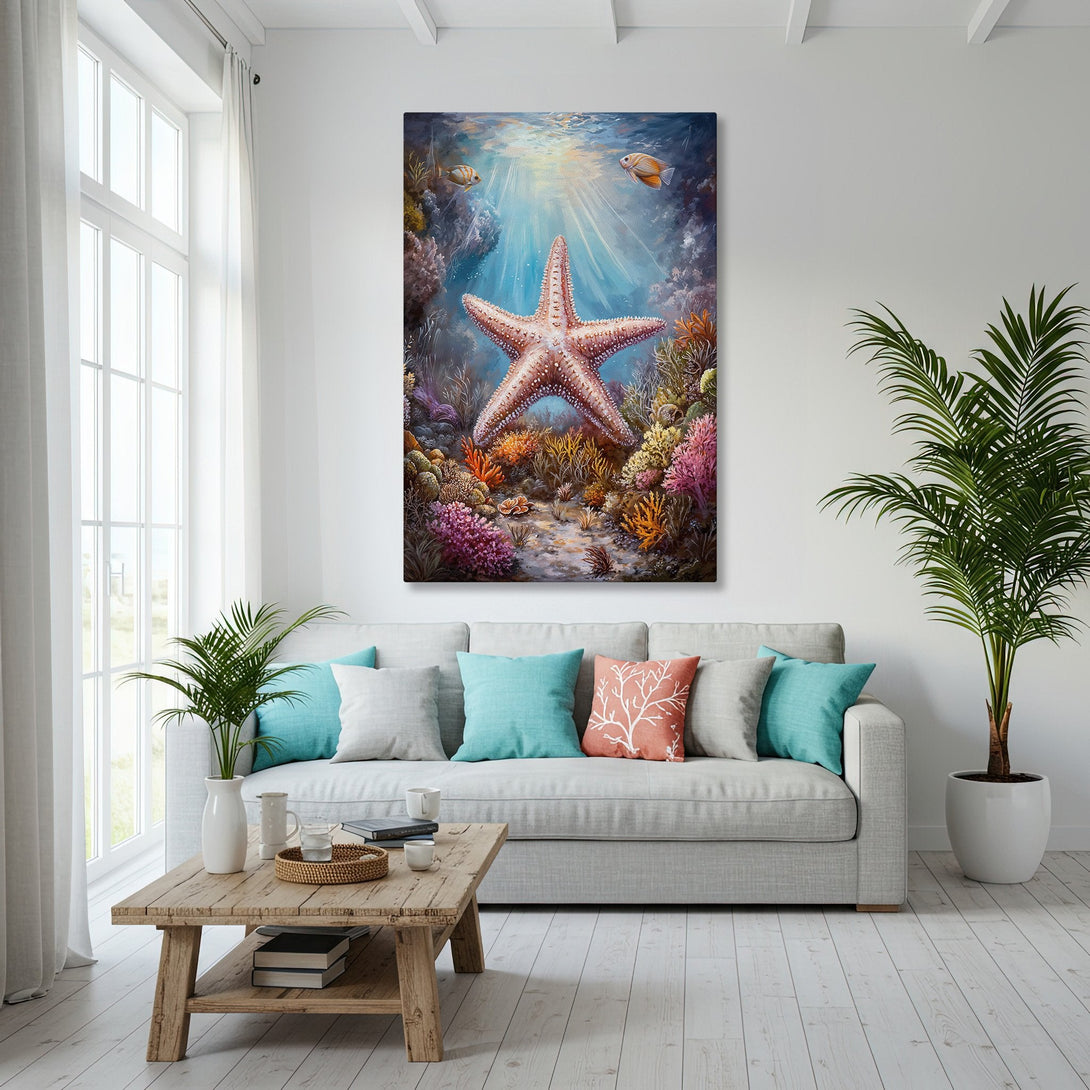 Framed Wall Art: Stunning starfish painting with vibrant coral reef colors. Coastal decor in a bright, airy living room with blue and gold accents.