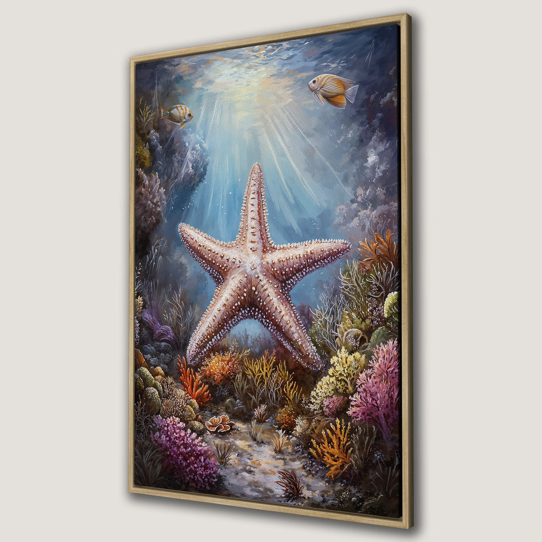 Framed Wall Art featuring a vibrant underwater scene with a starfish, coral, and fish. Beautiful, colorful artwork in a calming blue and coral palette. Perfect ocean decor.