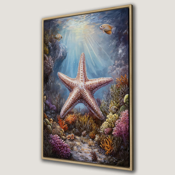 Framed Wall Art featuring a vibrant underwater scene with a starfish, coral, and fish. Beautiful, colorful artwork in a calming blue and coral palette. Perfect ocean decor.