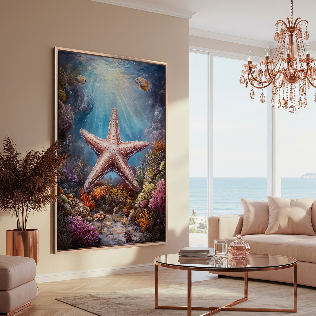 Framed Wall Art: Stunning underwater starfish painting in a coastal-chic interior. Vibrant colors of coral and blue create a serene, artistic statement.