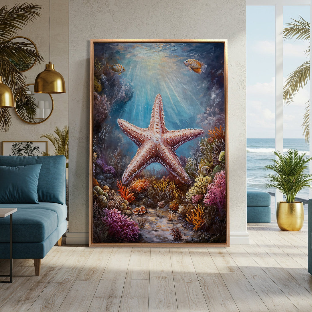 Framed Wall Art: Stunning underwater starfish painting with vibrant coral reef. Coastal decor in blue, coral, and teal. Perfect for beach-themed living rooms.