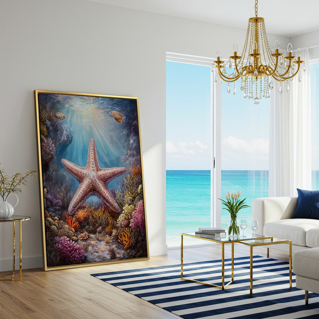 Canvas Print of a vibrant starfish underwater scene. Coastal decor with a blue, coral, and beige color palette, perfect for a living room.
