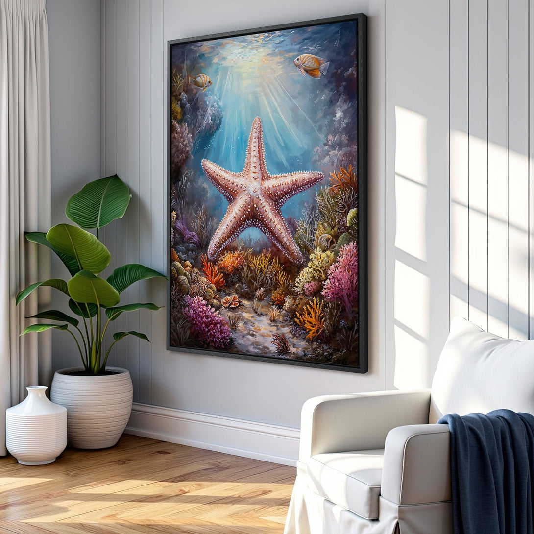 Framed Wall Art featuring a vibrant underwater scene with a starfish. Coastal decor in a colorful palette of blues, pinks, and oranges. Perfect for your home!