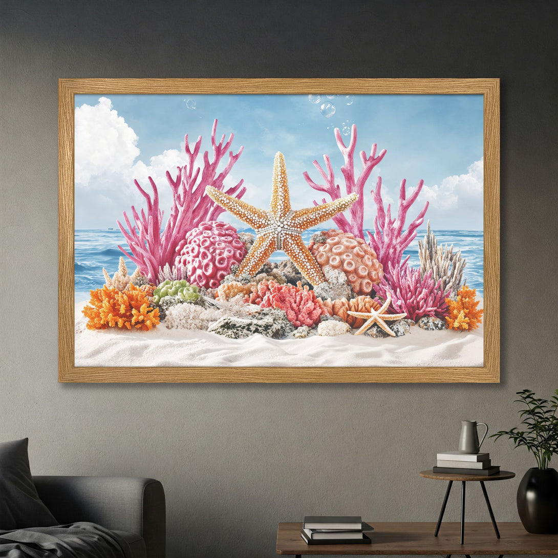 Framed Poster featuring a vibrant coral reef scene with starfish, in a colorful palette of pink, orange, and blue. Perfect wall art!